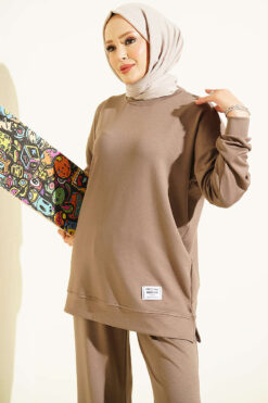 Alternative view of Crew Neck Top and Arm-Detail Two-Piece Set Mink