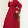 Crew Neck Patch Belted Dress Burgundy