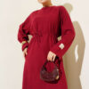 Crew Neck Patch Belted Dress Burgundy - الصورة 2