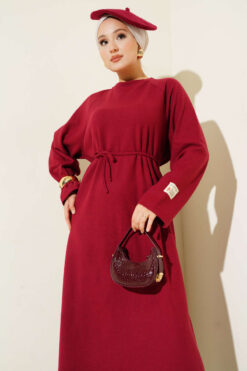 Alternative view of Crew Neck Patch Belted Dress Burgundy