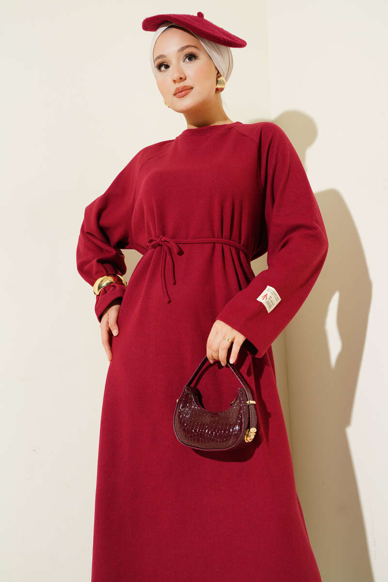 Crew Neck Patch Belted Dress Burgundy - الصورة 2
