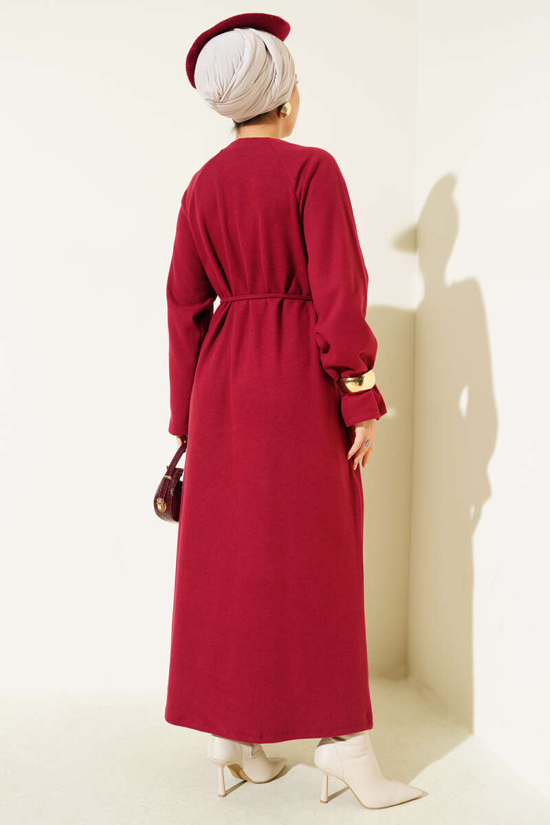 Crew Neck Patch Belted Dress Burgundy - الصورة 3