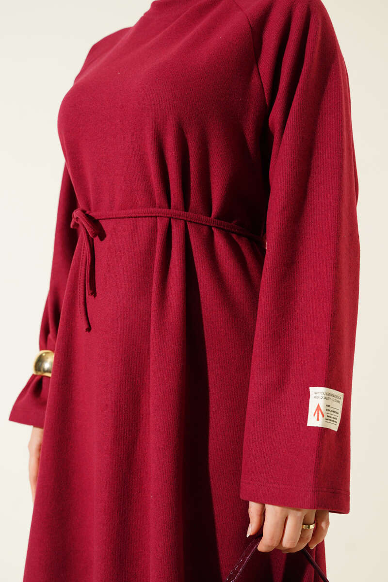 Crew Neck Patch Belted Dress Burgundy - الصورة 4