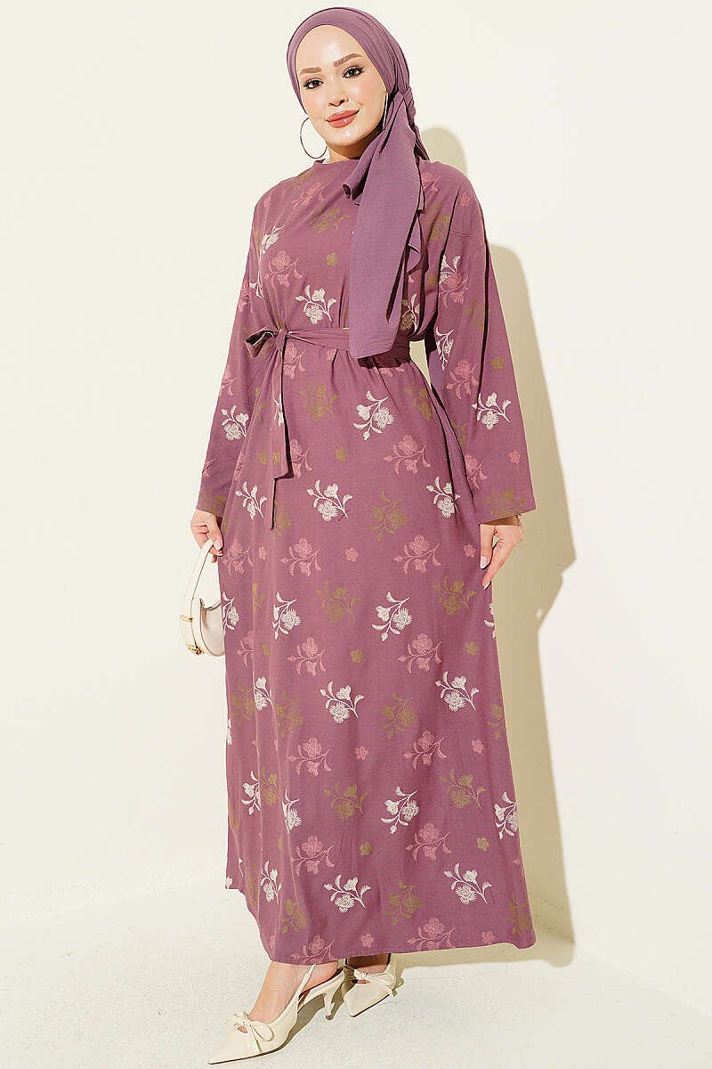 Floral Embroidered Crew Neck Dress Magenta
