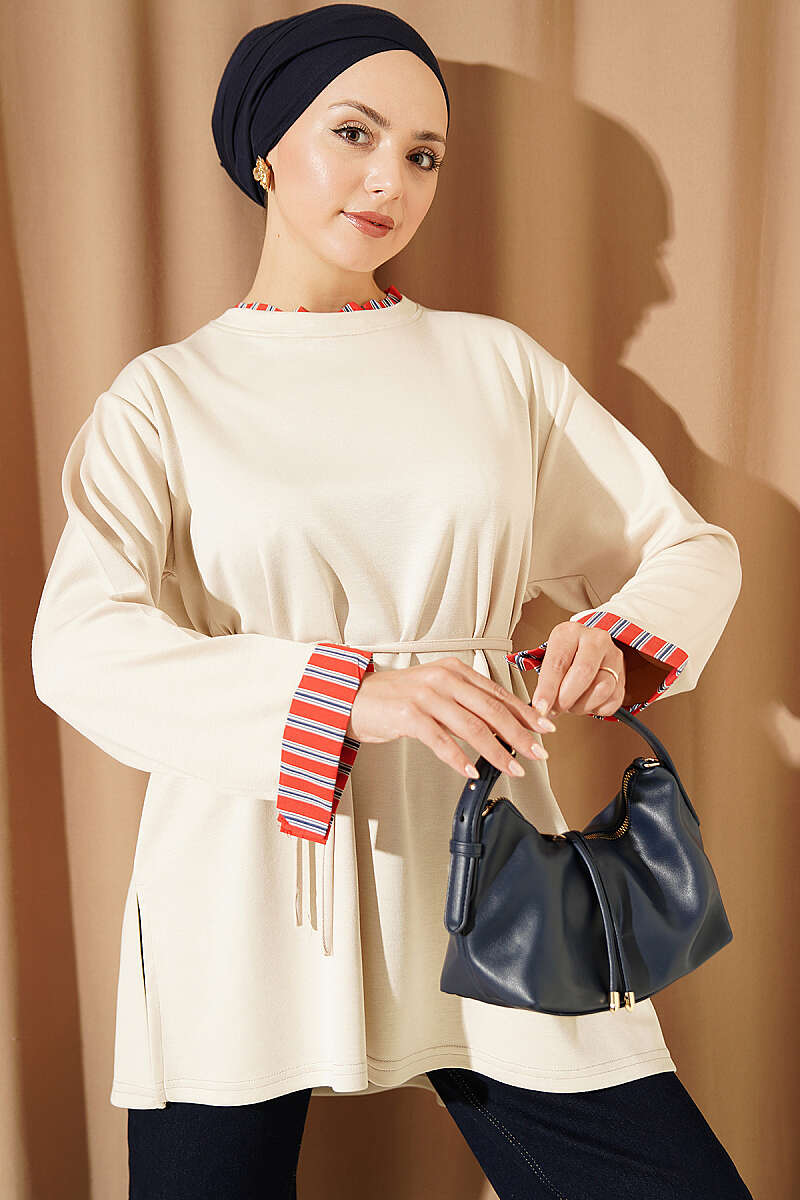 Ribbed Neckline Stripe-Trimmed French Terry Tunic Beige