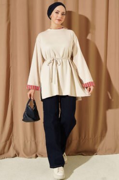 Alternative view of Ribbed Neckline Stripe-Trimmed French Terry Tunic Beige