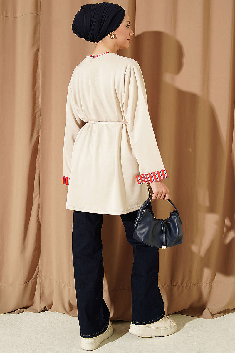 Ribbed Neckline Stripe-Trimmed French Terry Tunic Beige – Bild 3