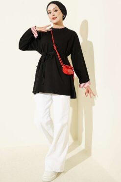 Alternative view of Ribbed Neckline Stripe-Trimmed French Terry Tunic Black