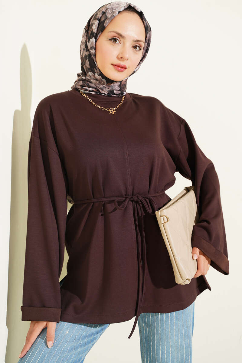 Ribbed Crew Neck Long-Sleeve French Terry Tie-Front Tunic Dark Brown