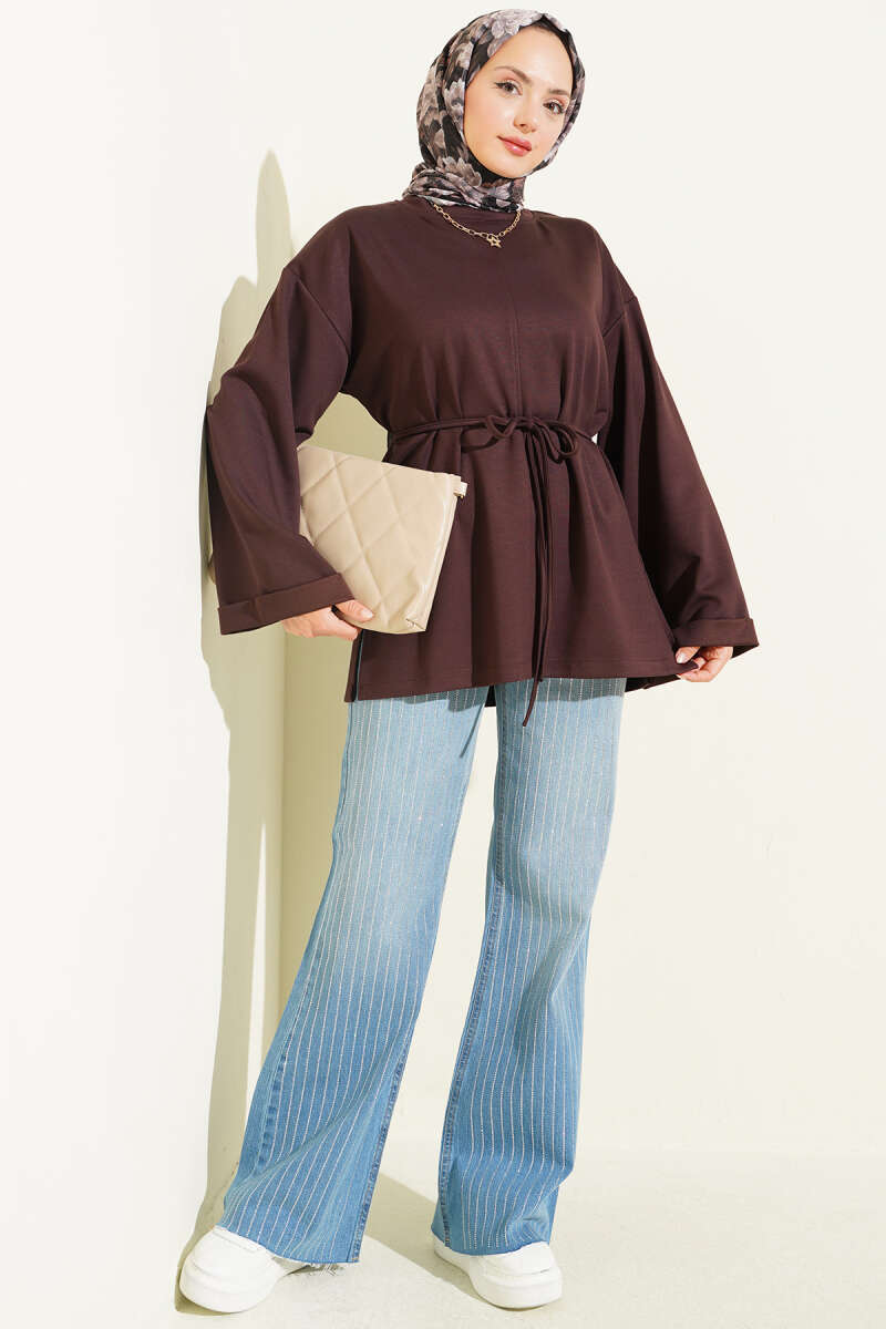 Ribbed Crew Neck Long-Sleeve French Terry Tie-Front Tunic Dark Brown – Image 2