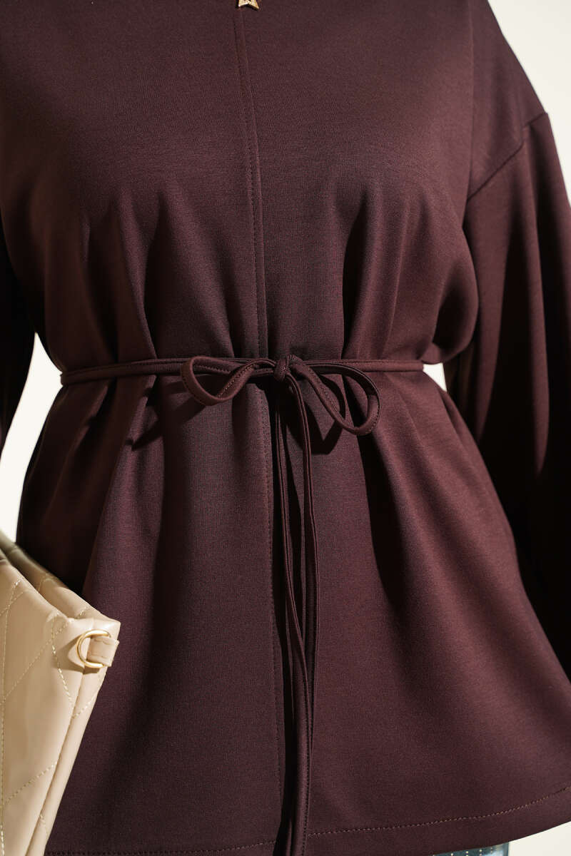 Ribbed Crew Neck Long-Sleeve French Terry Tie-Front Tunic Dark Brown – Image 4