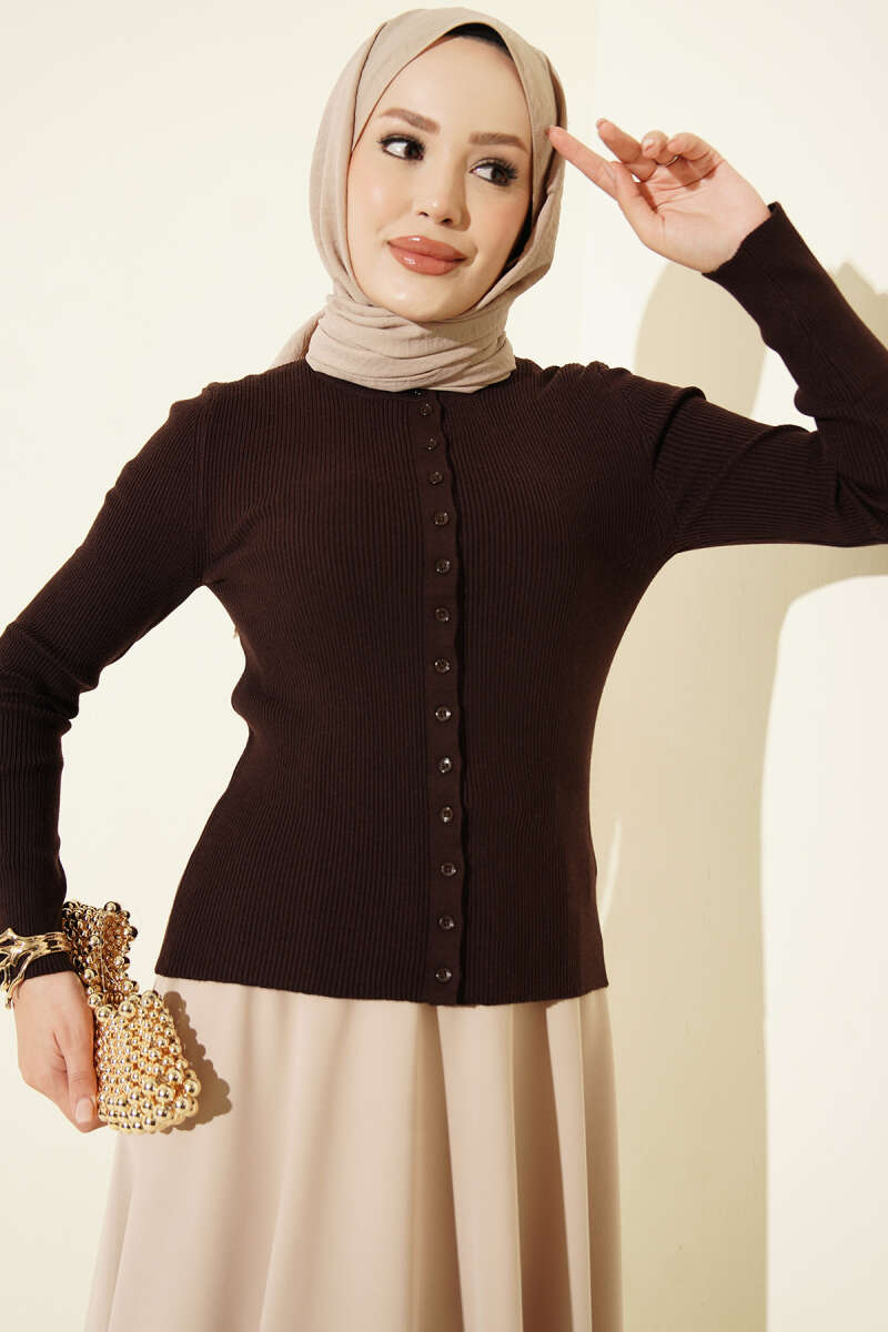 Button-up French terry crewneck cardigan Dark Brown