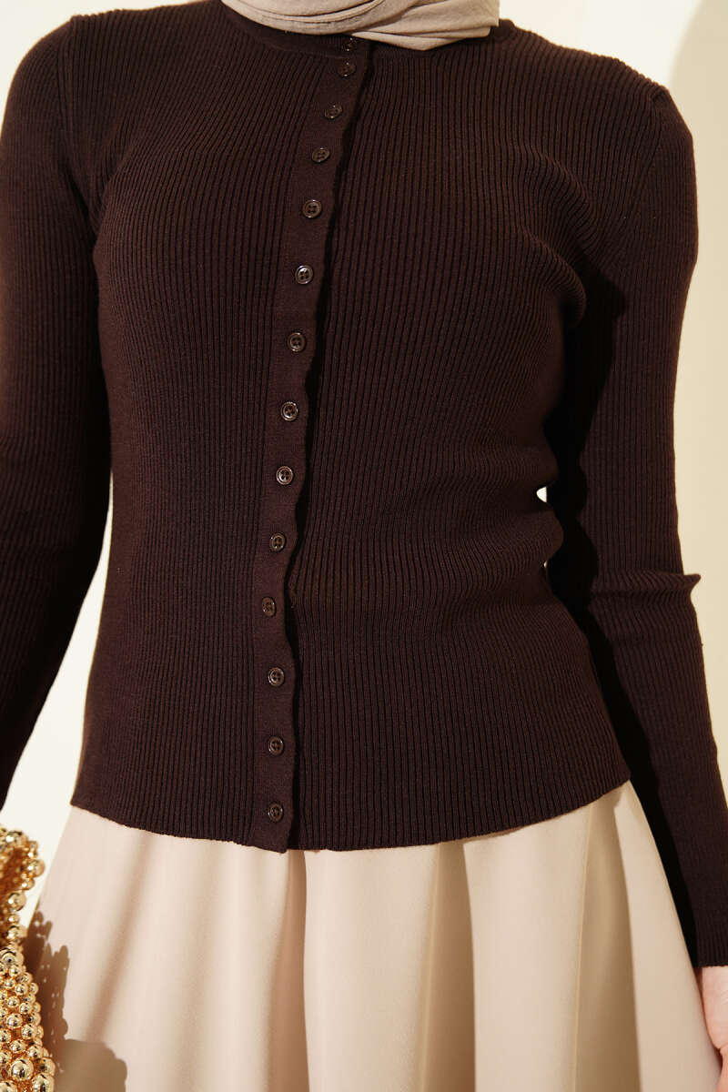 Button-up French terry crewneck cardigan Dark Brown - Image 4