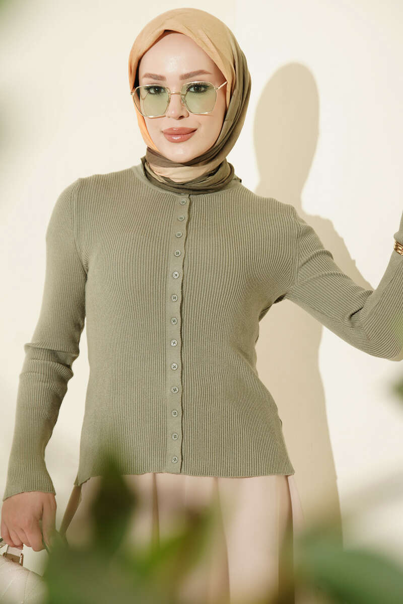 Button-up French terry crewneck cardigan Khaki