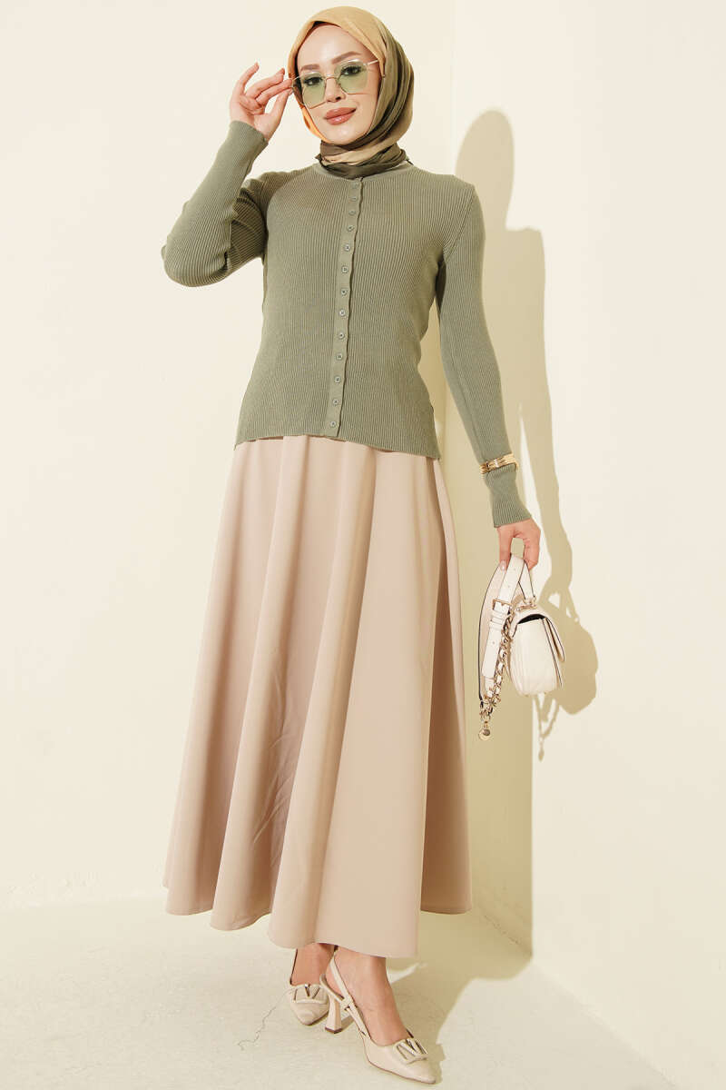 Button-up French terry crewneck cardigan Khaki - Image 2