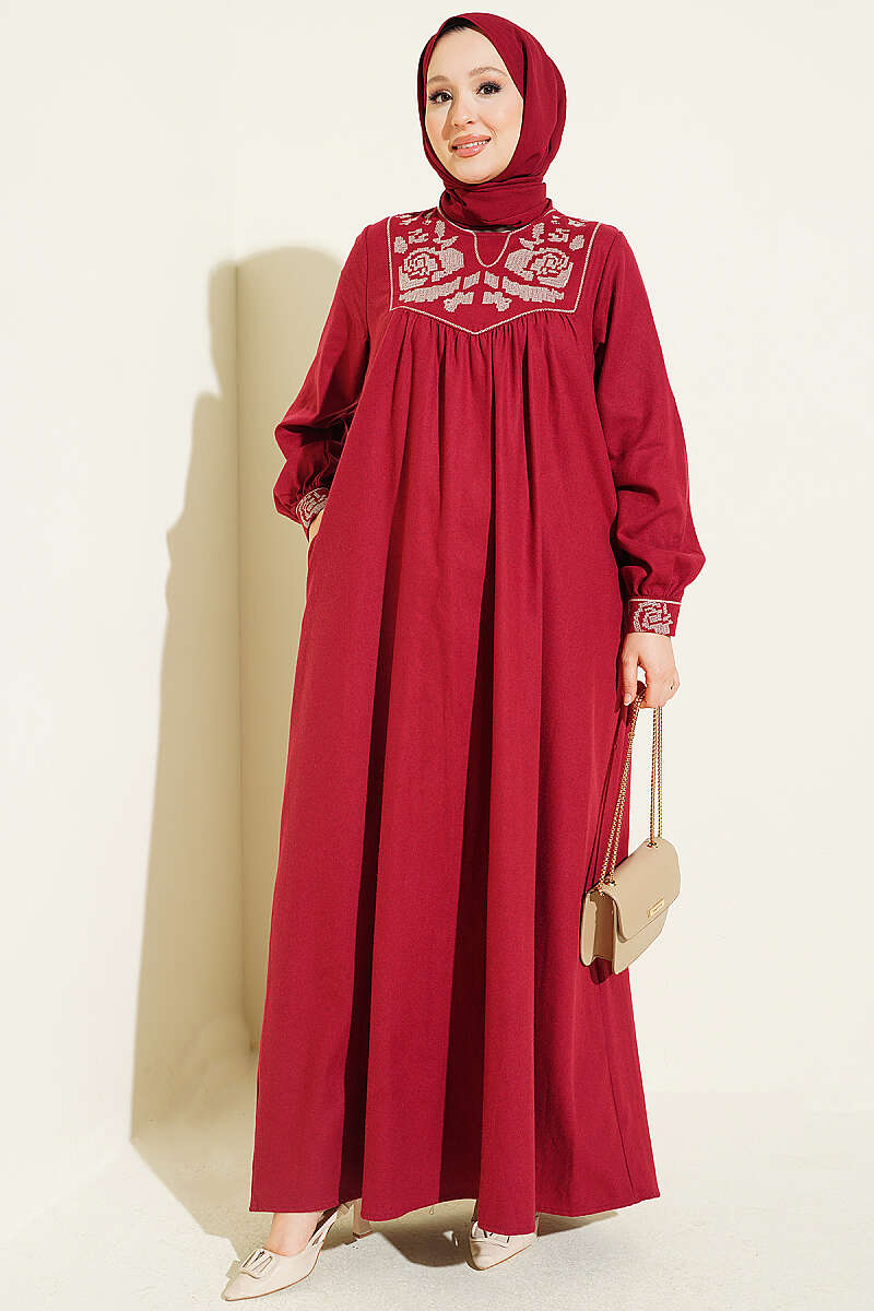 Ethnic Embroidered Dress with Crew Neck Burgundy