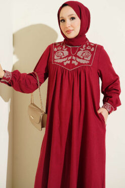 Alternative view of Ethnic Embroidered Dress with Crew Neck Burgundy