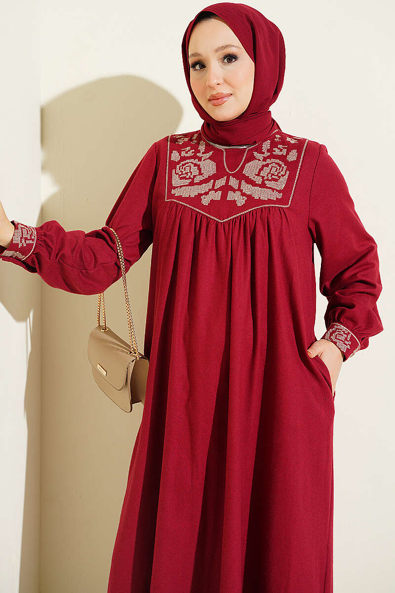 Ethnic Embroidered Dress with Crew Neck Burgundy - immagine 2