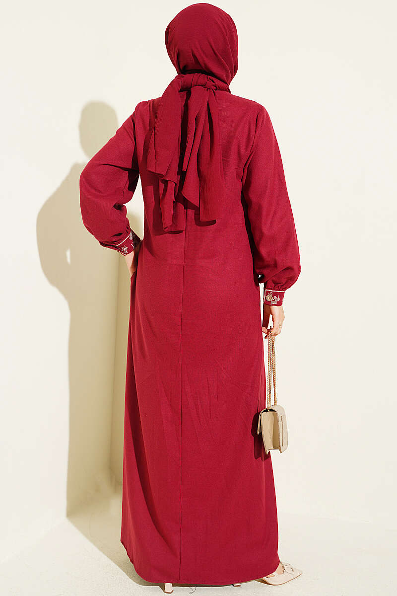 Ethnic Embroidered Dress with Crew Neck Burgundy - immagine 3