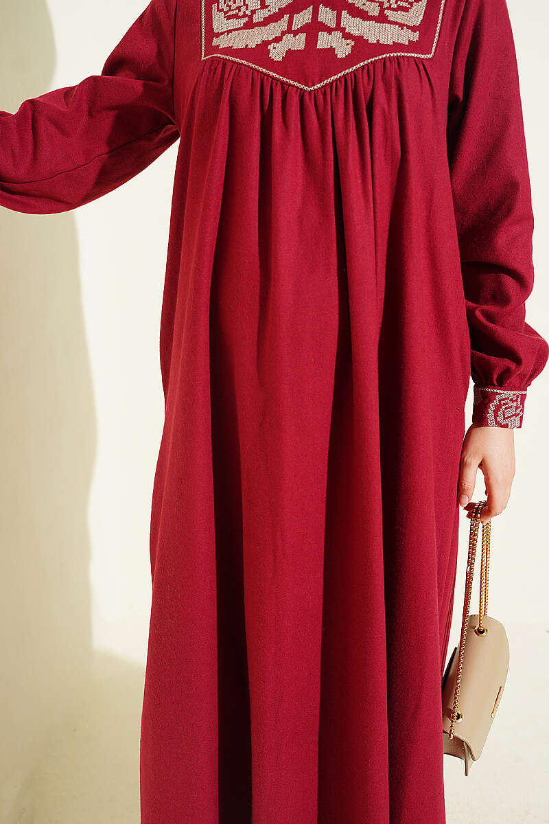 Ethnic Embroidered Dress with Crew Neck Burgundy - immagine 4