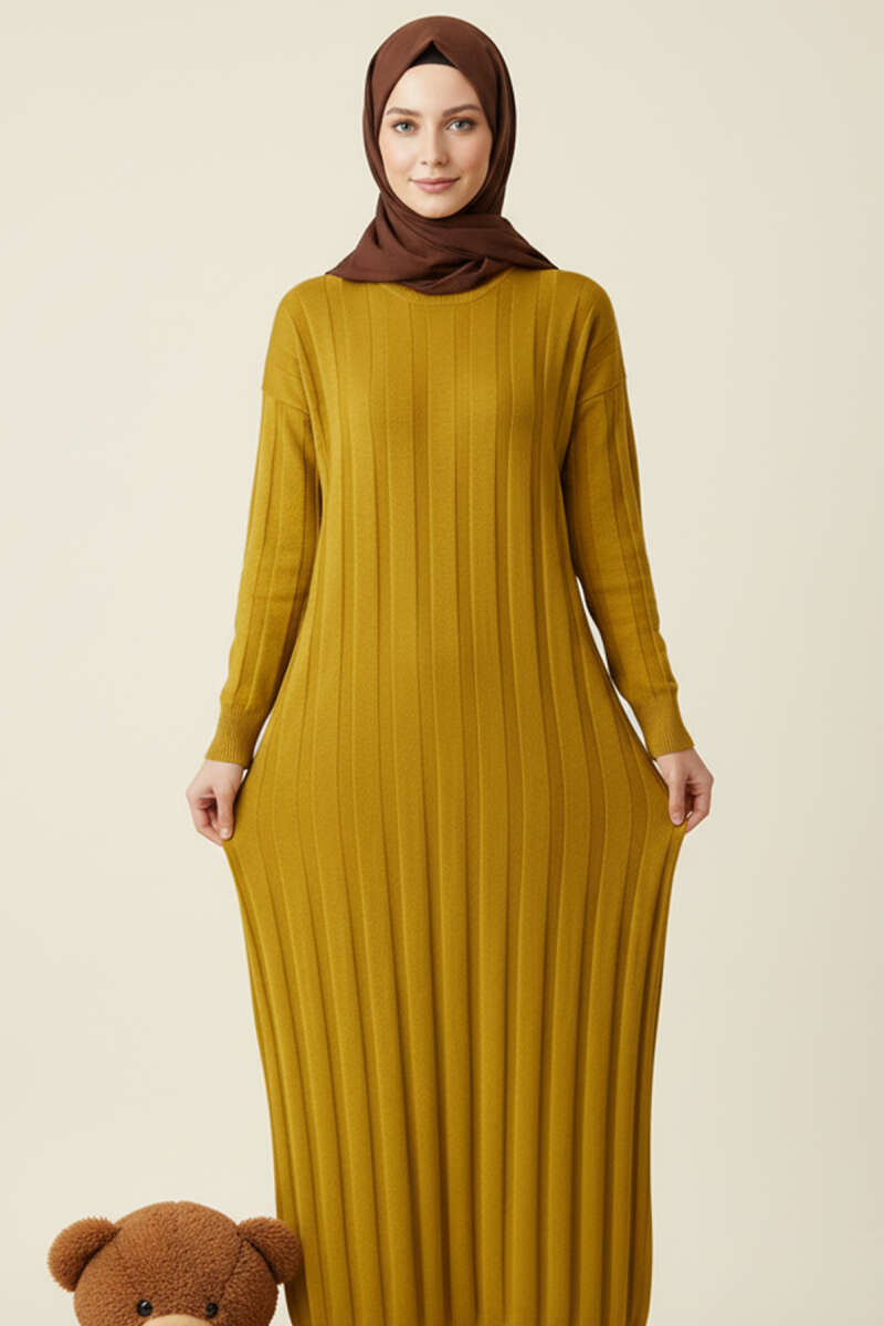 Round Neck Ribbed Knit Dress Leaf Green - الصورة 2