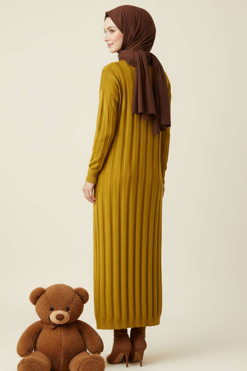 Round Neck Ribbed Knit Dress Leaf Green - الصورة 3