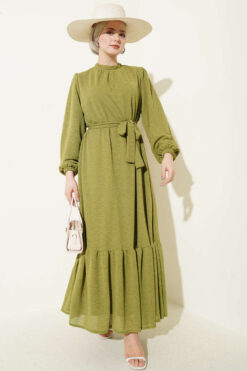 Alternative view of Crew Neck Dress with Elastic Sleeves Leaf Green