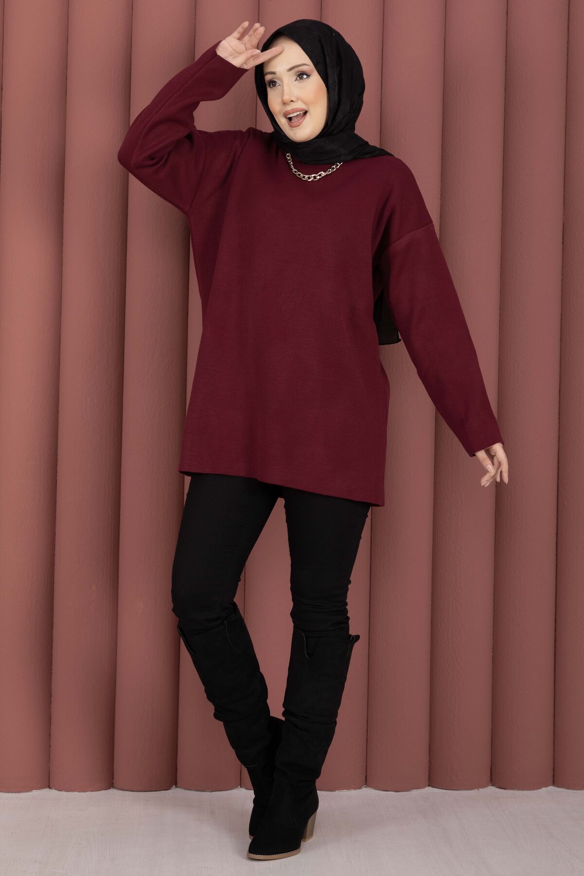 Relaxed Fit French Terry Crew Neck Tunic Burgundy