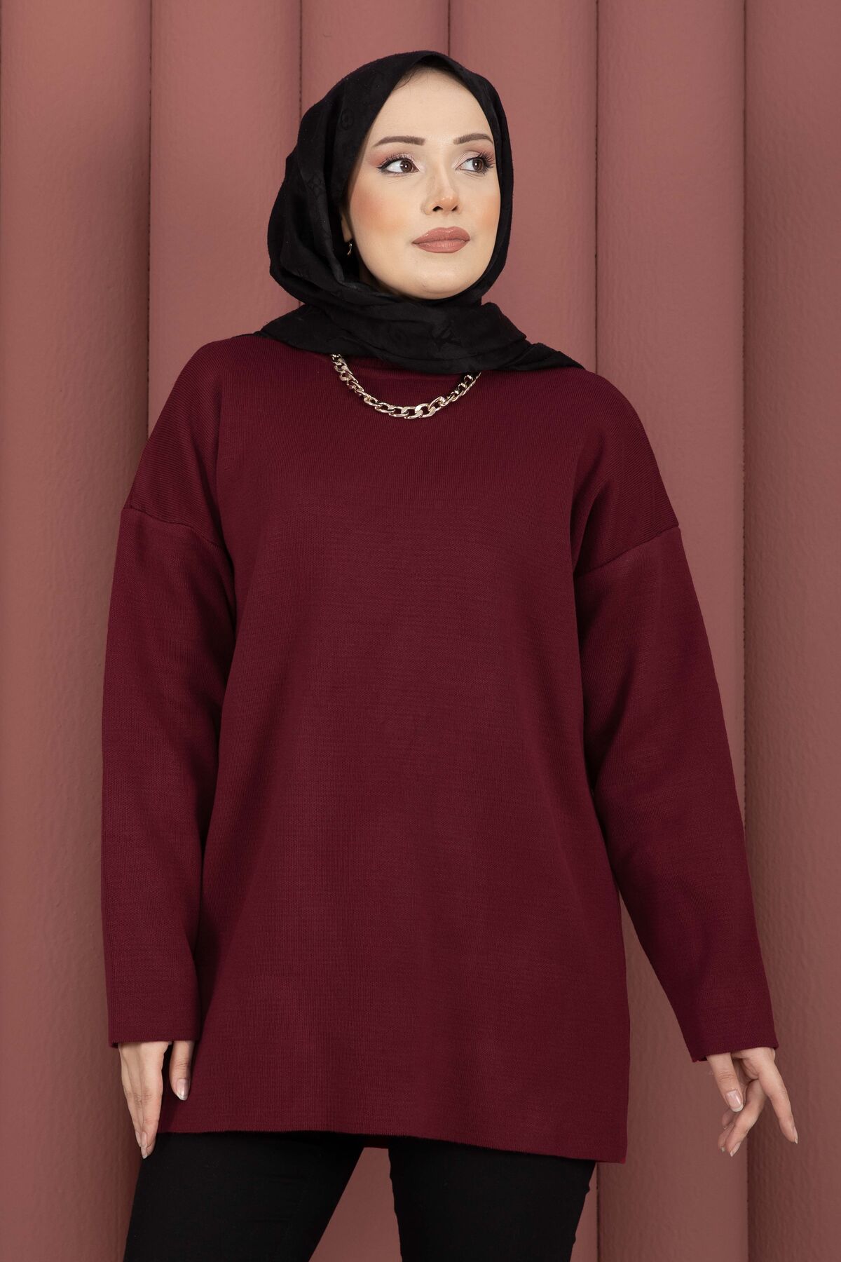 Relaxed Fit French Terry Crew Neck Tunic Burgundy - immagine 2