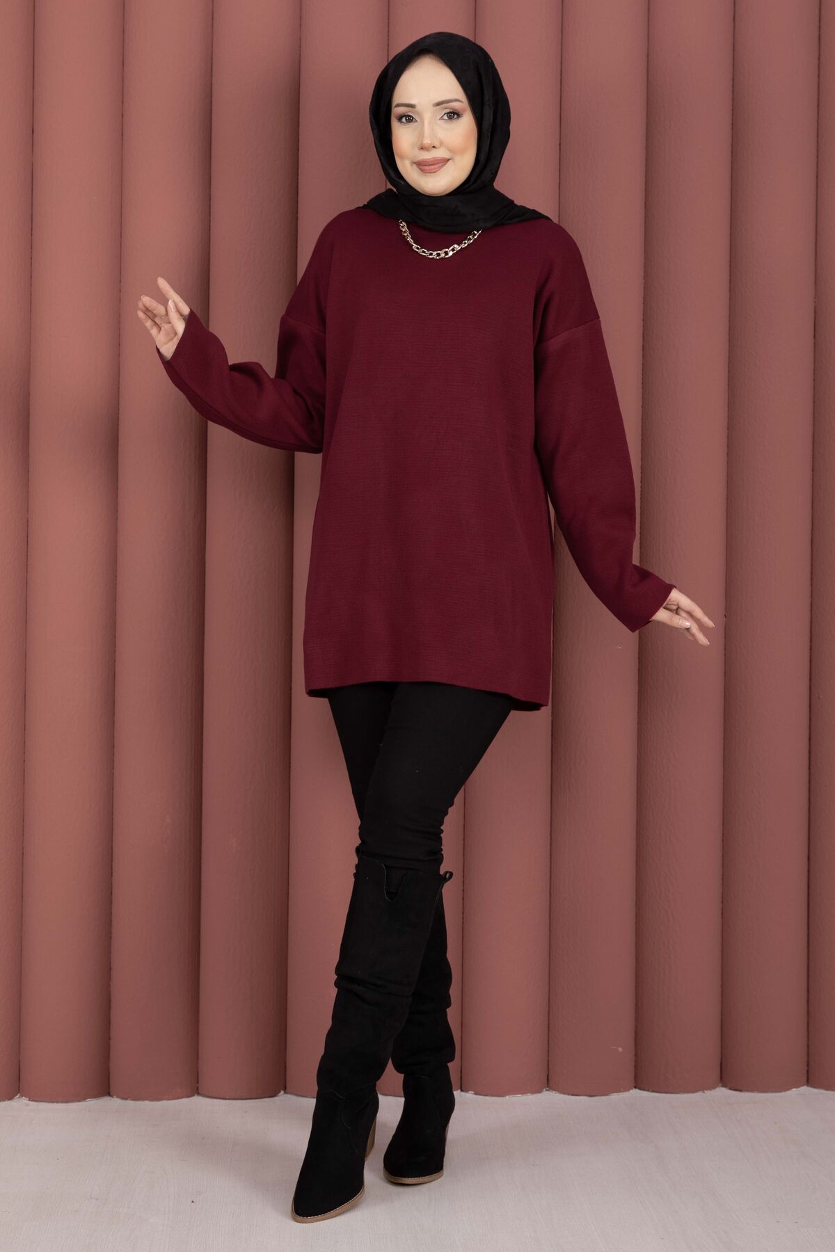 Relaxed Fit French Terry Crew Neck Tunic Burgundy - immagine 3