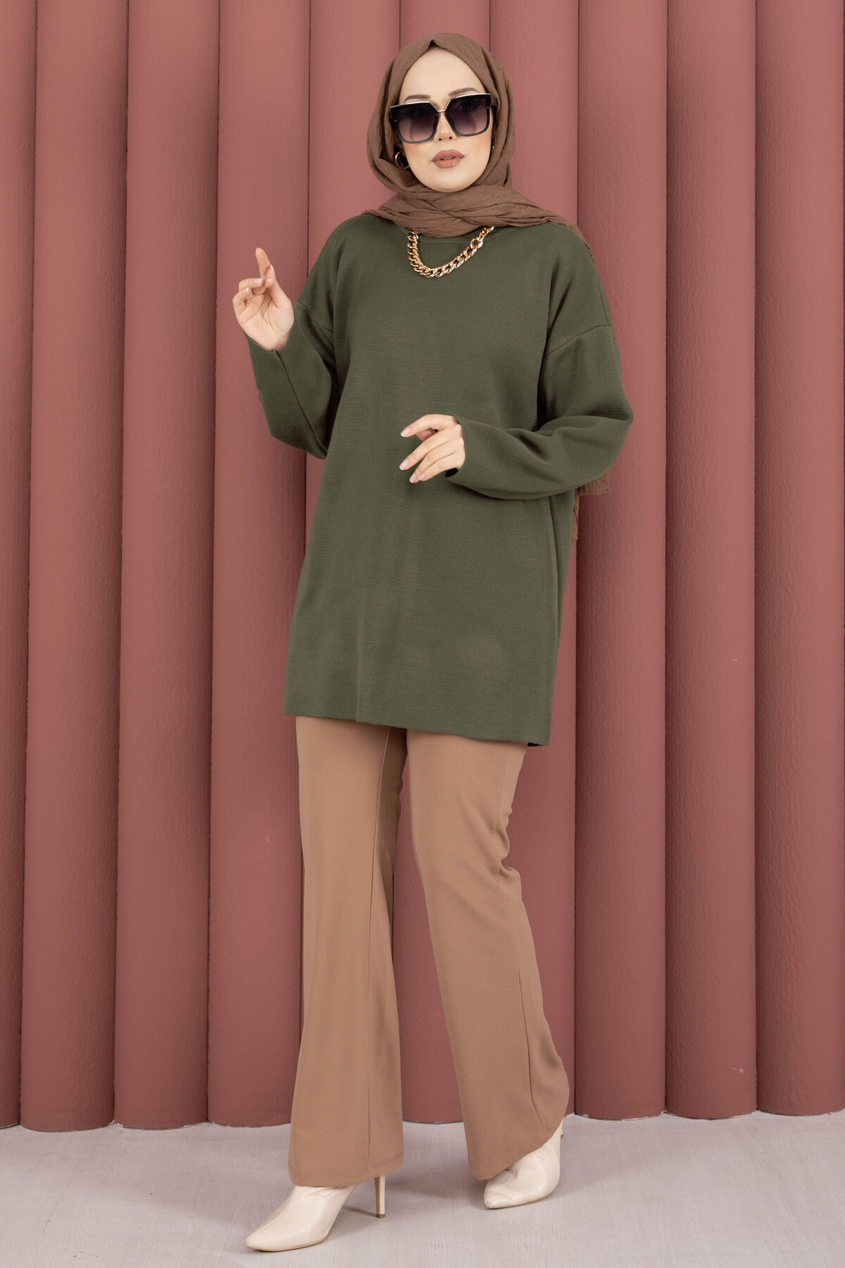 Relaxed Fit French Terry Crew Neck Tunic Khaki
