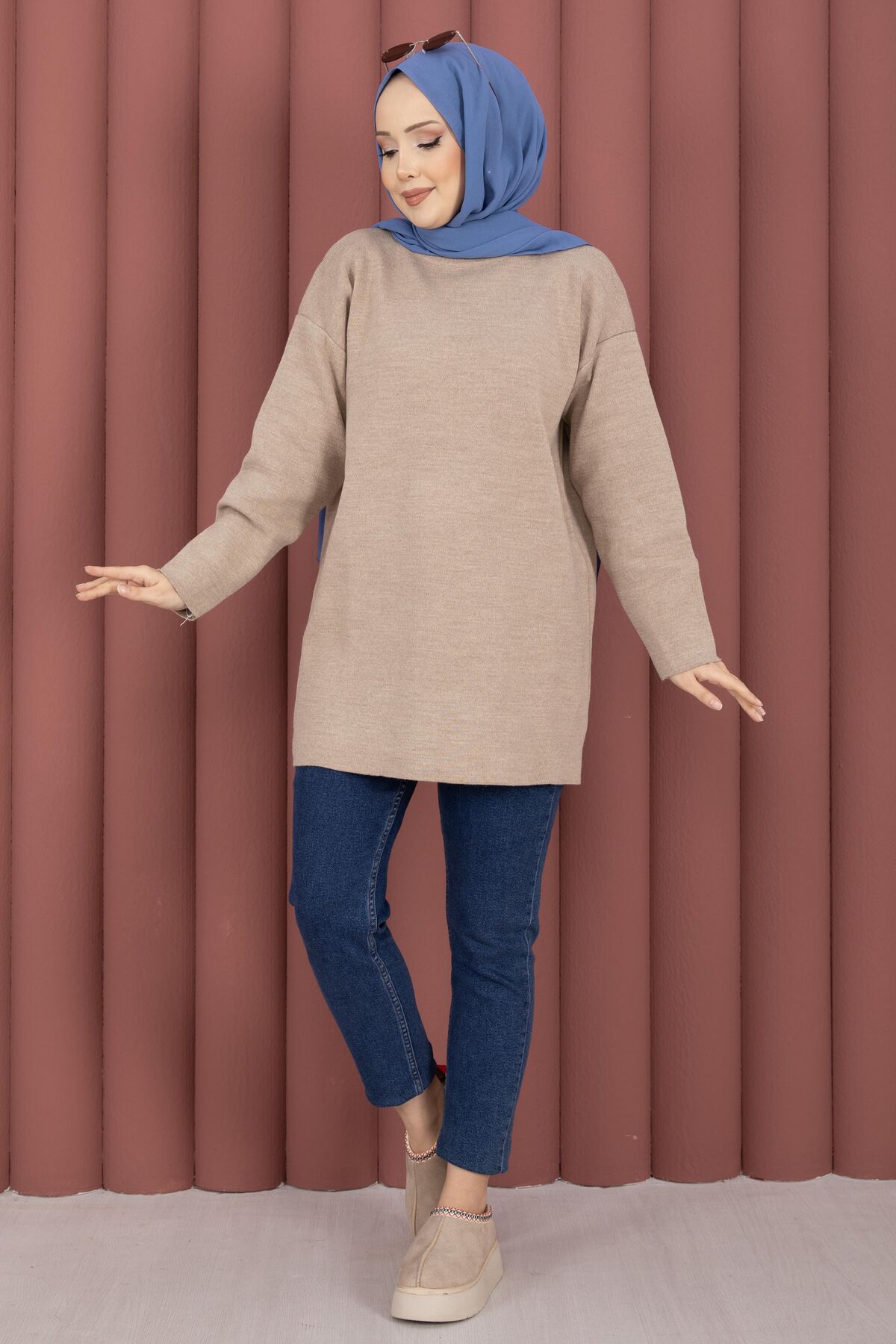 Relaxed Fit French Terry Crew Neck Tunic Stone – Bild 3
