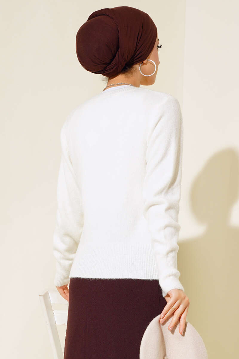 Ribbed Crew Neck Knit Sweater Ecru - الصورة 3