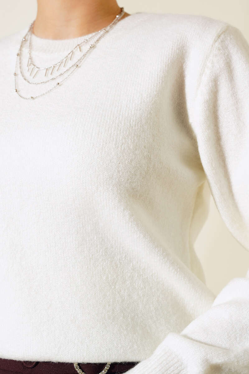 Ribbed Crew Neck Knit Sweater Ecru - الصورة 4