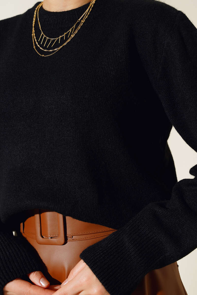 Ribbed Crew Neck Knit Sweater Black - الصورة 4