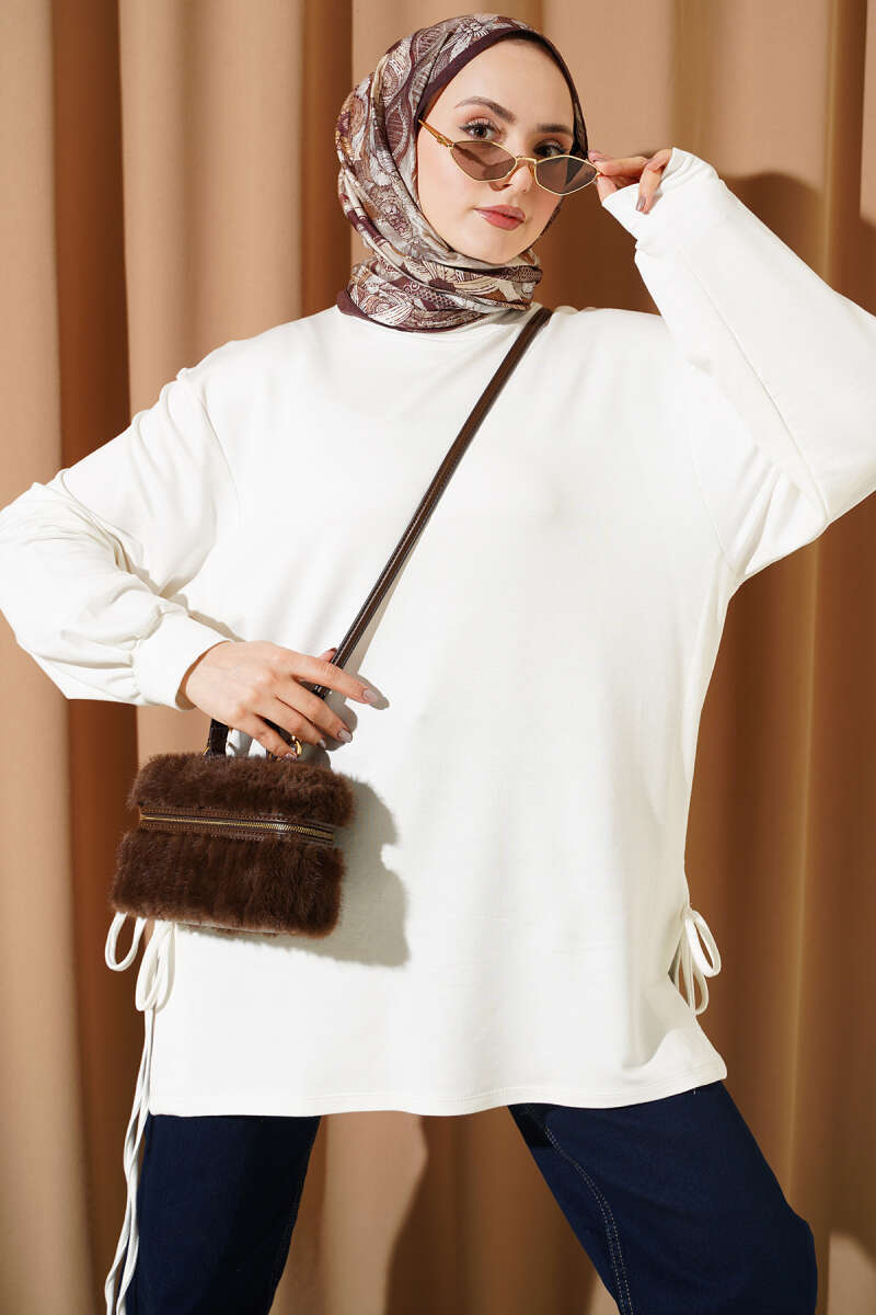 Crew Neck Side Tie Tunic Ecru