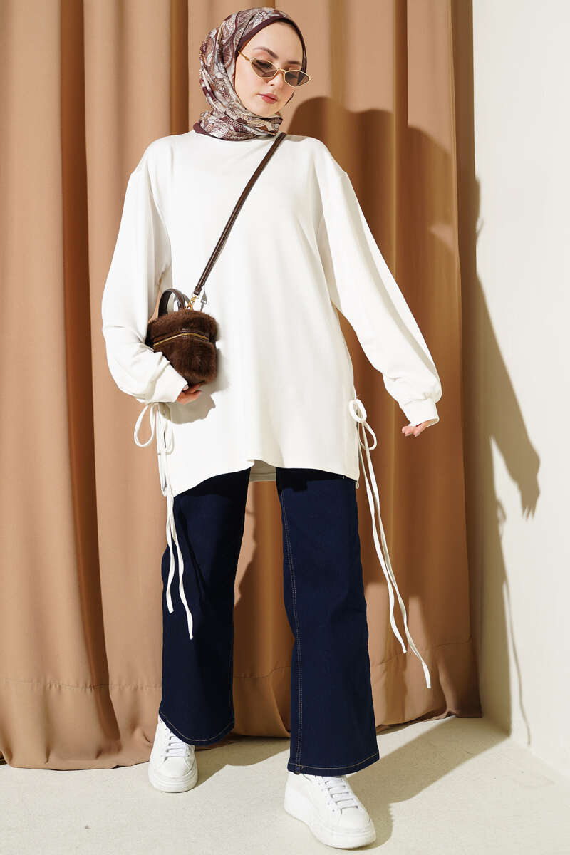 Crew Neck Side Tie Tunic Ecru - Image 2