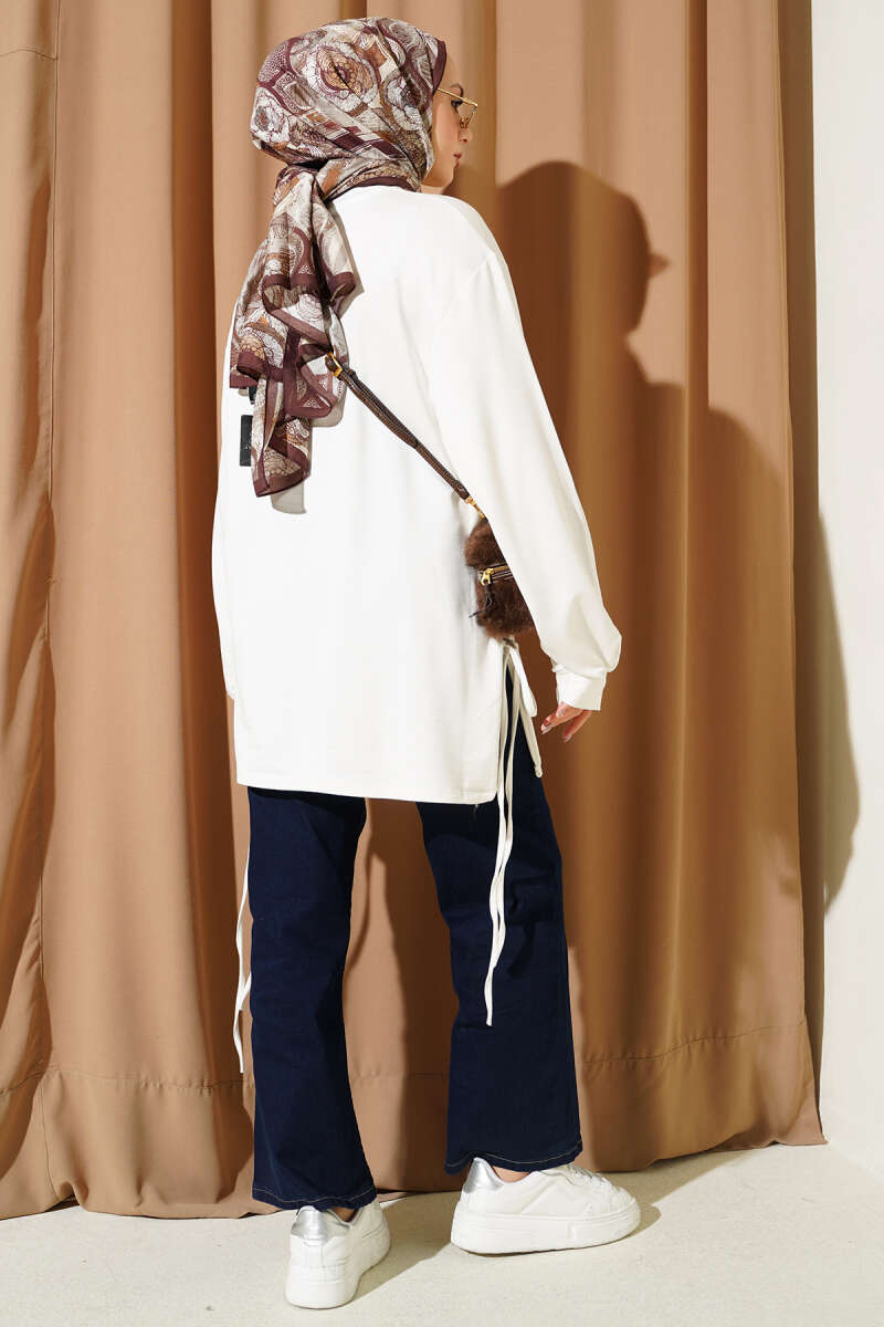 Crew Neck Side Tie Tunic Ecru - Image 3