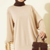 Ribbed Crew Neck Tunic with Slit Detail Beige