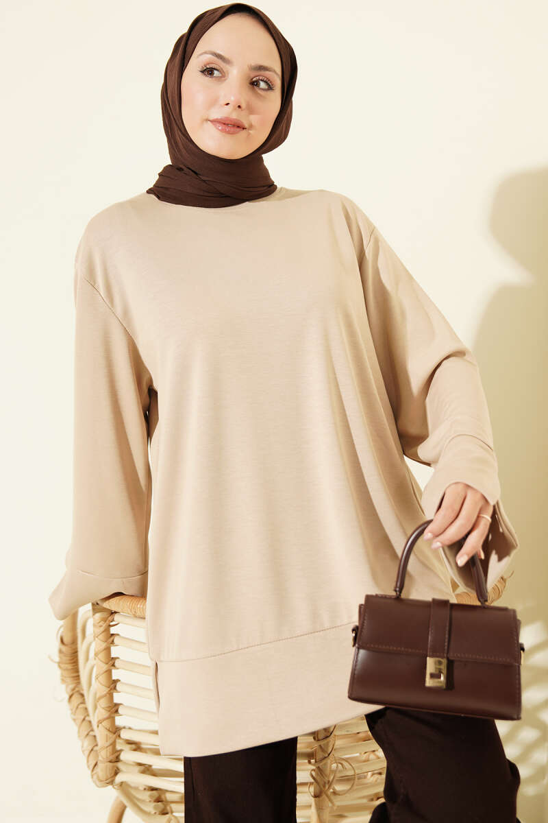 Ribbed Crew Neck Tunic with Slit Detail Beige