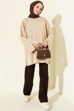 Alternative view of Ribbed Crew Neck Tunic with Slit Detail Beige