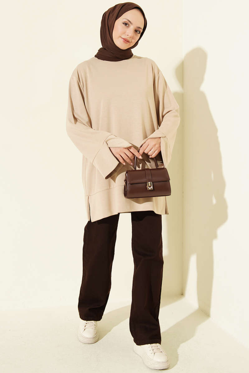 Ribbed Crew Neck Tunic with Slit Detail Beige - Image 2
