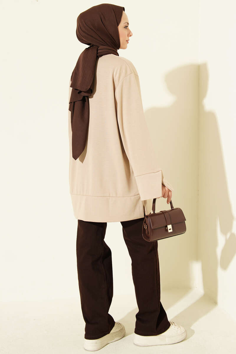 Ribbed Crew Neck Tunic with Slit Detail Beige - Image 3