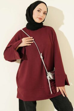 Ribbed Crew Neck Tunic with Slit Detail Burgundy