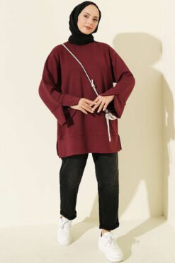 Alternative view of Ribbed Crew Neck Tunic with Slit Detail Burgundy