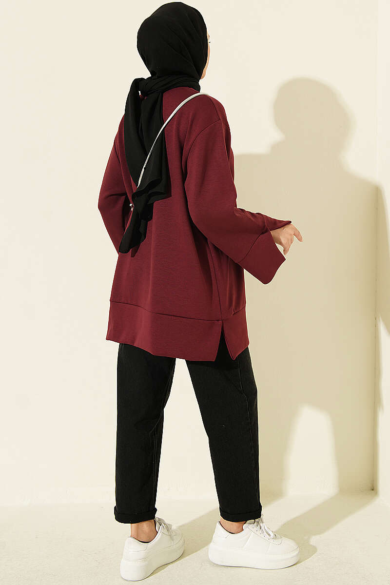 Ribbed Crew Neck Tunic with Slit Detail Burgundy - Afbeelding 3