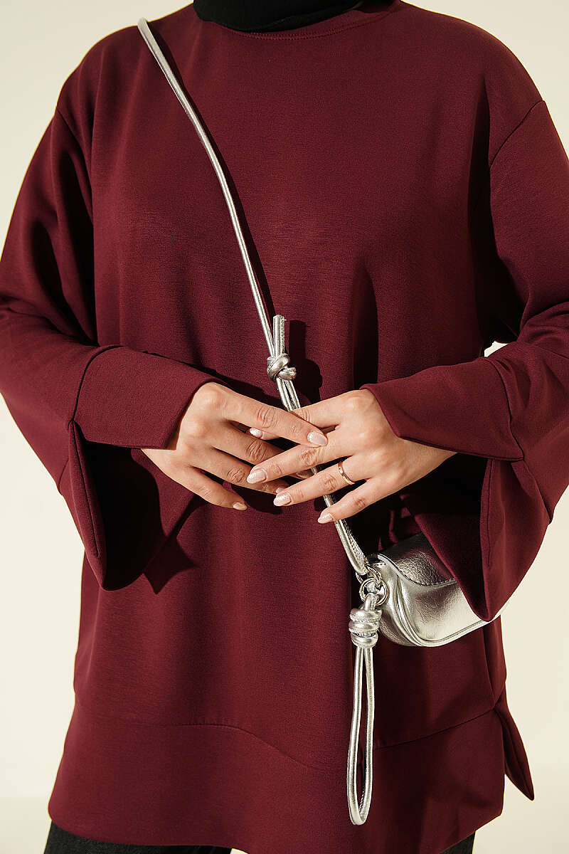 Ribbed Crew Neck Tunic with Slit Detail Burgundy - Afbeelding 4