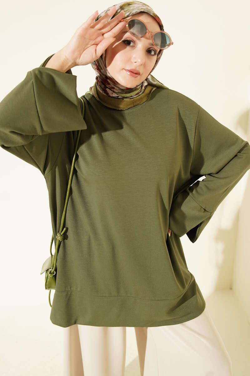 Ribbed Crew Neck Tunic with Slit Detail Khaki