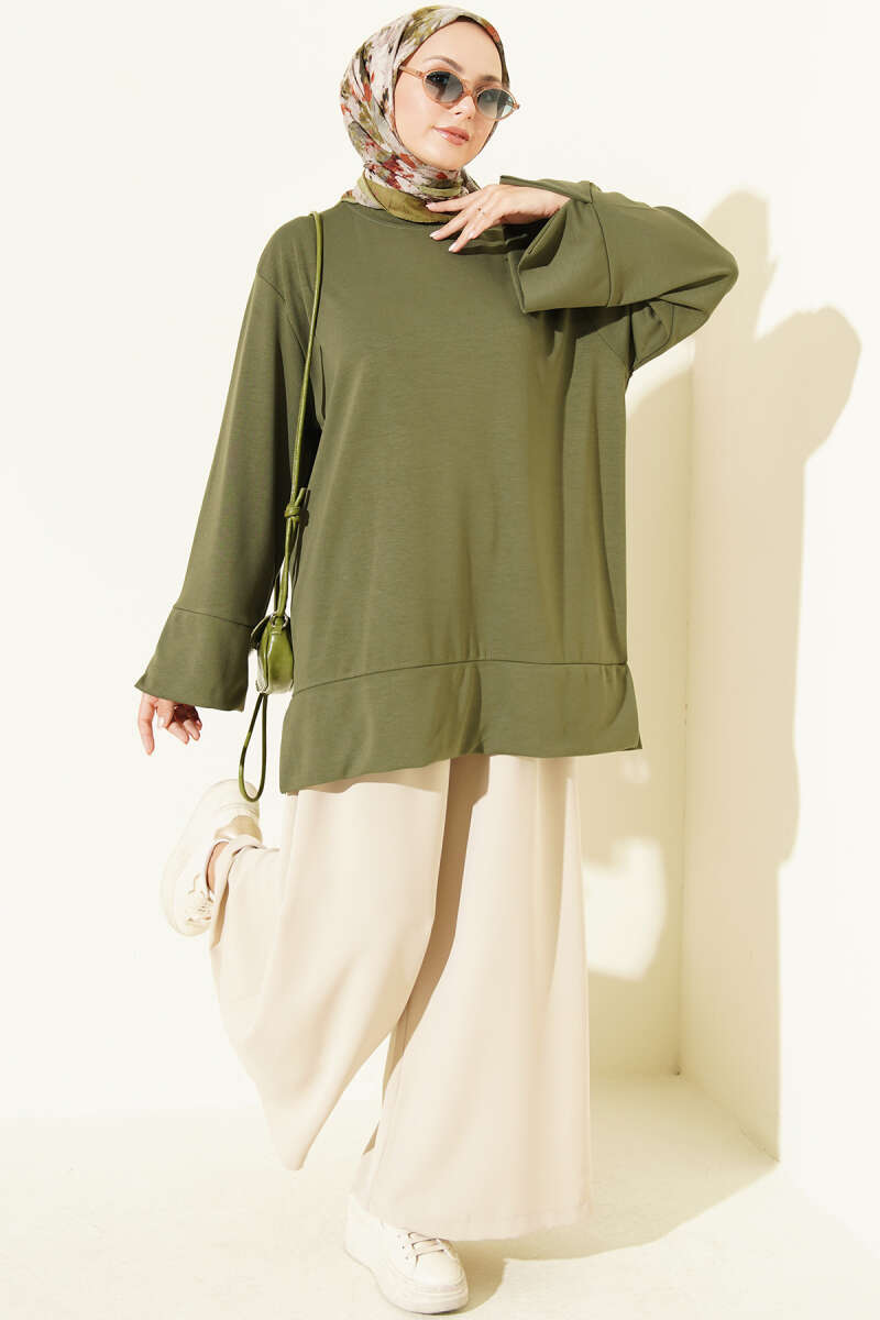 Ribbed Crew Neck Tunic with Slit Detail Khaki – Bild 2