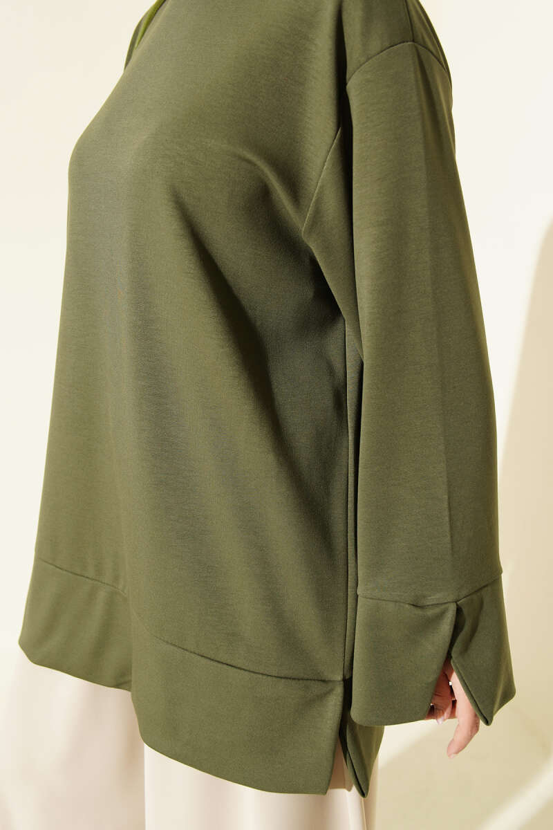 Ribbed Crew Neck Tunic with Slit Detail Khaki – Bild 4